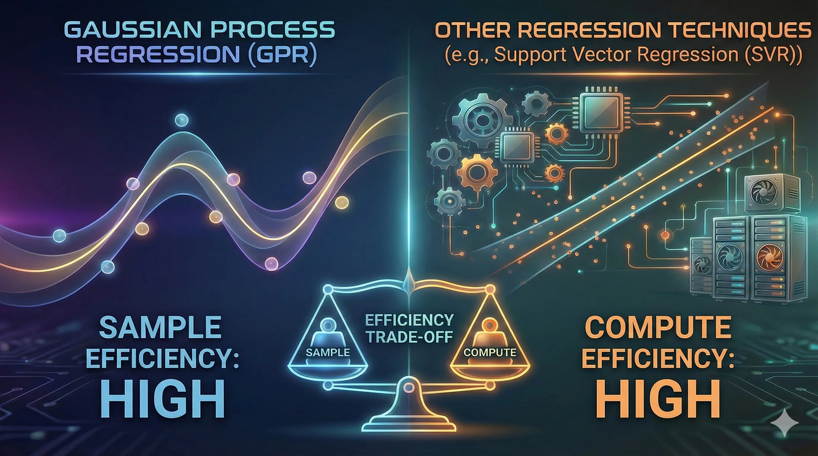 GP vs SVR vs Ridge: sample efficiency vs compute.