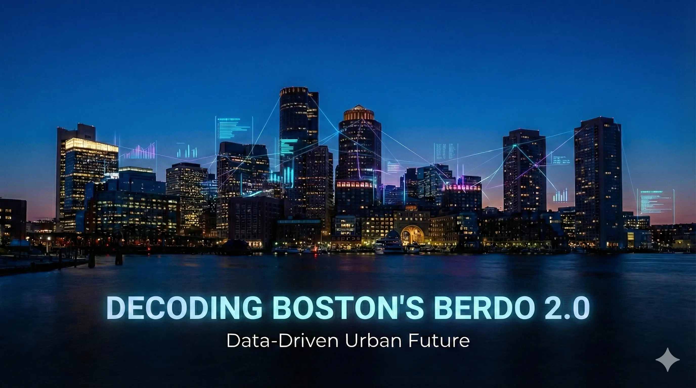 Graphic titled 'Decoding Boston's BERDO 2.0' featuring the Boston skyline at night with glowing blue digital data overlays and network lines.