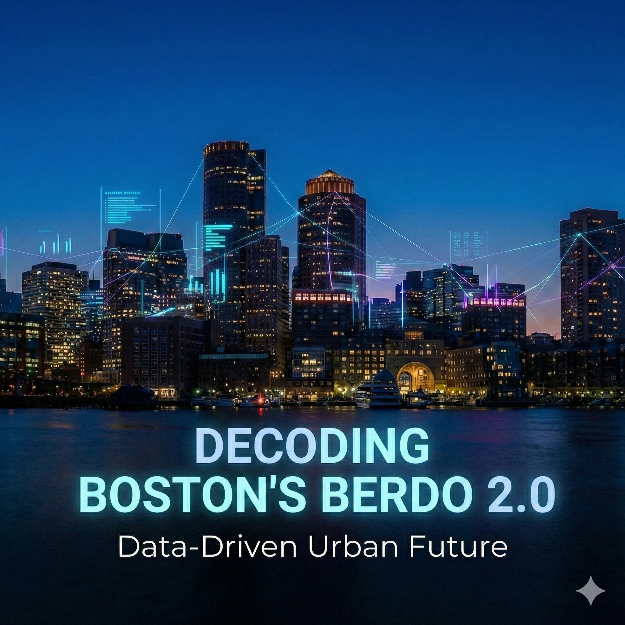 Featured header showing the Boston skyline at night with tech-themed data visualizations and holographic interfaces.